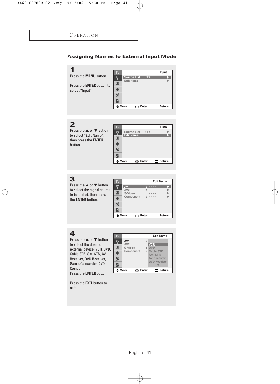 Assigning names to external input mode | Samsung CL-29Z40MQ User Manual | Page 41 / 64