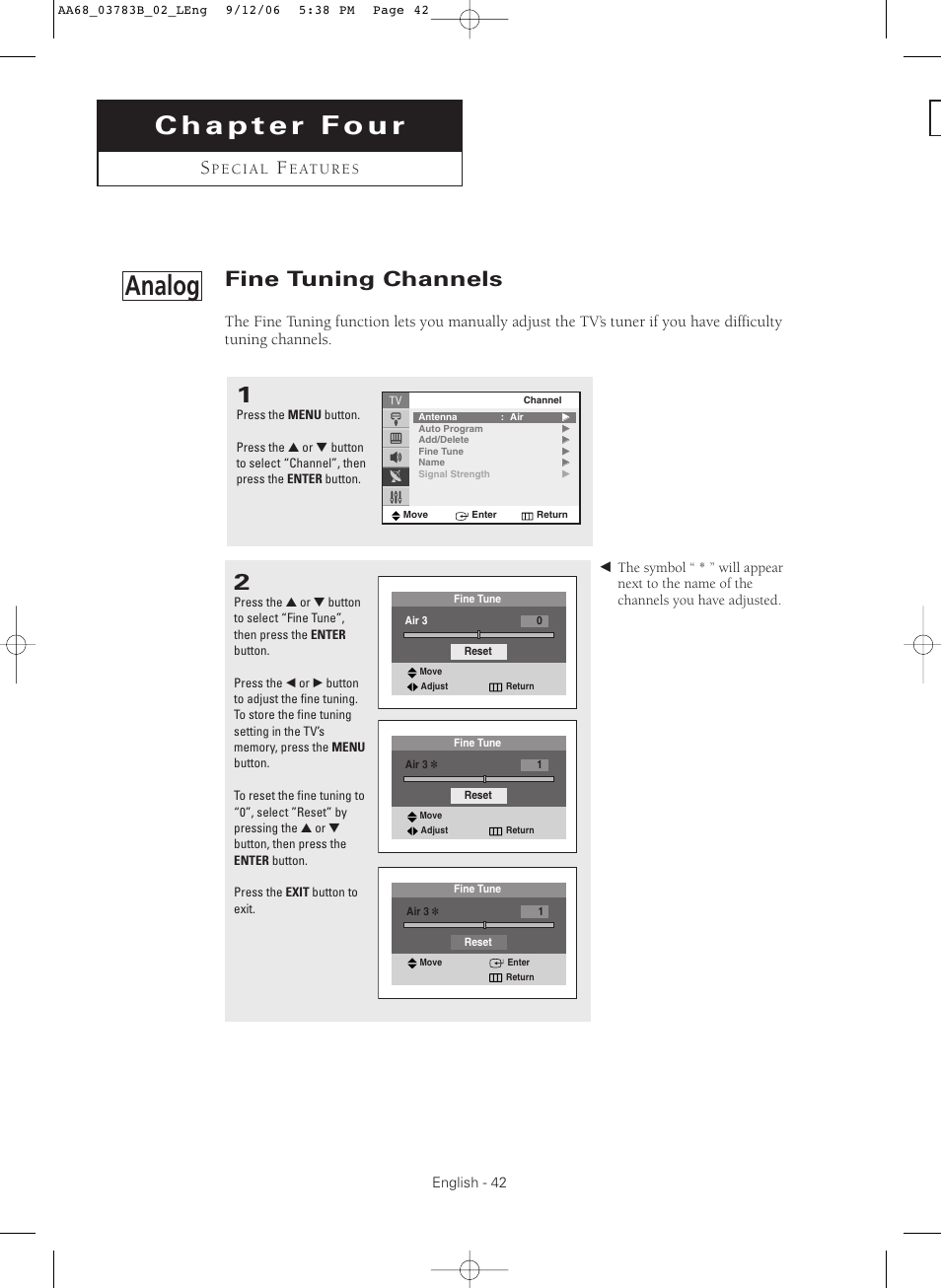 Chapter four: special features, Analog : fine tuning channels, Analog | Fine tuning channels | Samsung CL-29Z40MQ User Manual | Page 42 / 64