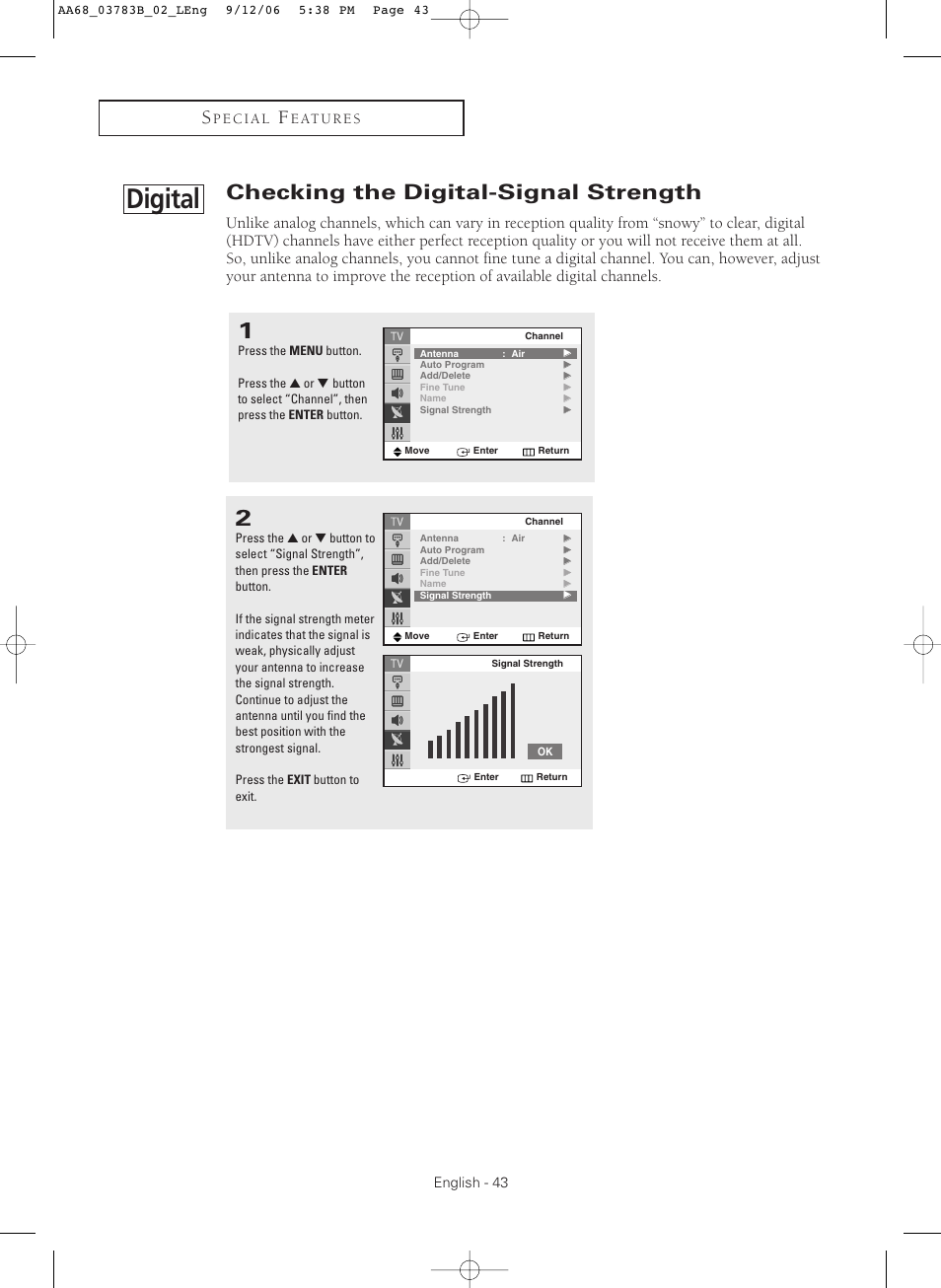 Digital : checking the digital-signal strength, Digital, Checking the digital-signal strength | Samsung CL-29Z40MQ User Manual | Page 43 / 64