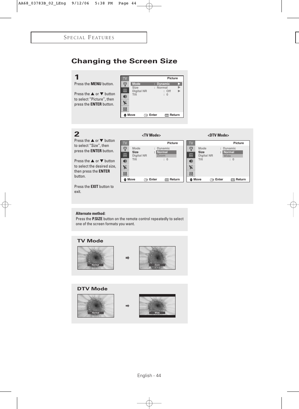 Changing the screen size | Samsung CL-29Z40MQ User Manual | Page 44 / 64