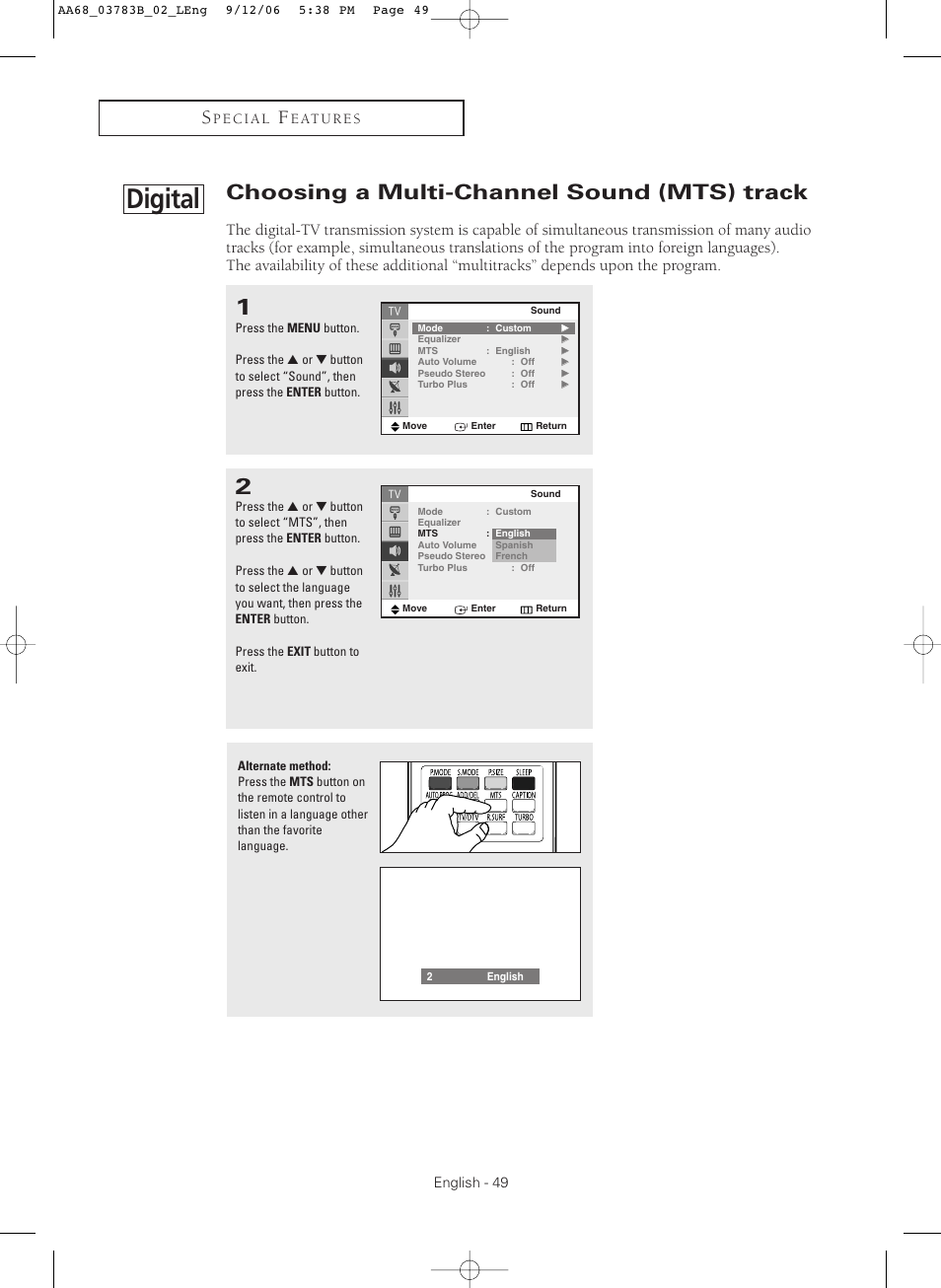 Digital, Choosing a multi-channel sound (mts) track | Samsung CL-29Z40MQ User Manual | Page 49 / 64