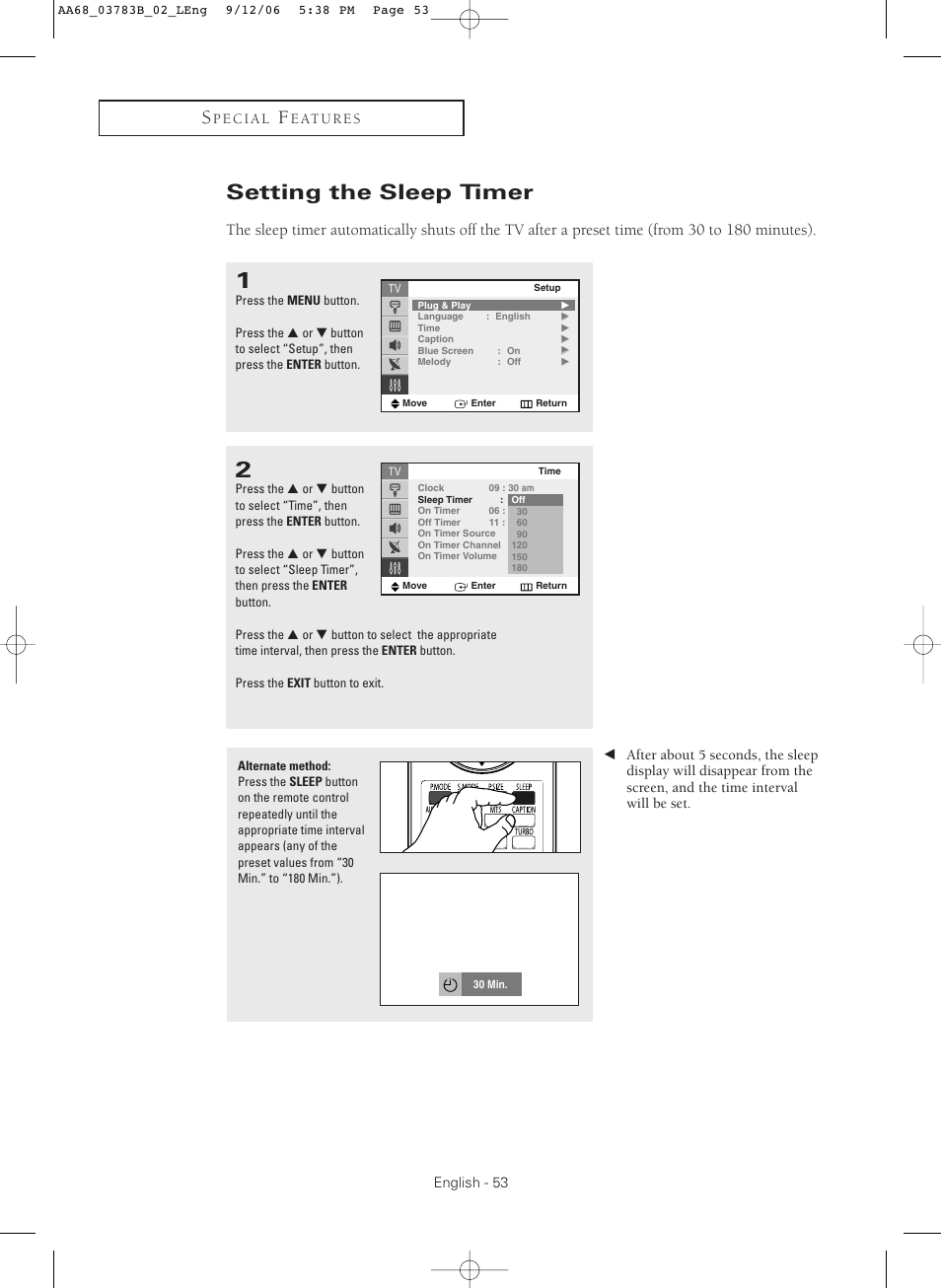 Setting the sleep timer | Samsung CL-29Z40MQ User Manual | Page 53 / 64