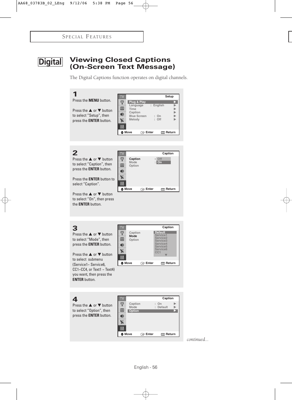 Digital, Viewing closed captions (on-screen text message), Continued | Samsung CL-29Z40MQ User Manual | Page 56 / 64