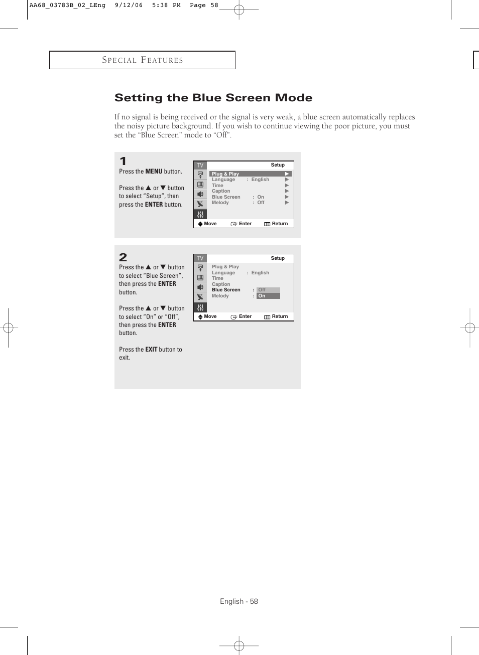 Setting the blue screen mode | Samsung CL-29Z40MQ User Manual | Page 58 / 64