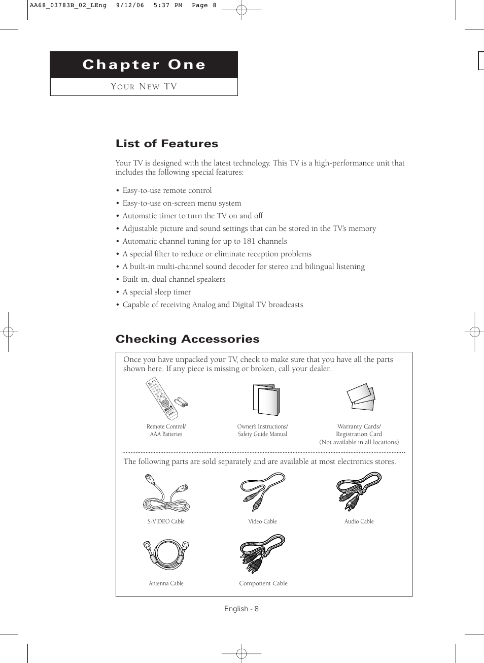 Chapter one:your new tv, List of features, Checking accessories | Samsung CL-29Z40MQ User Manual | Page 8 / 64
