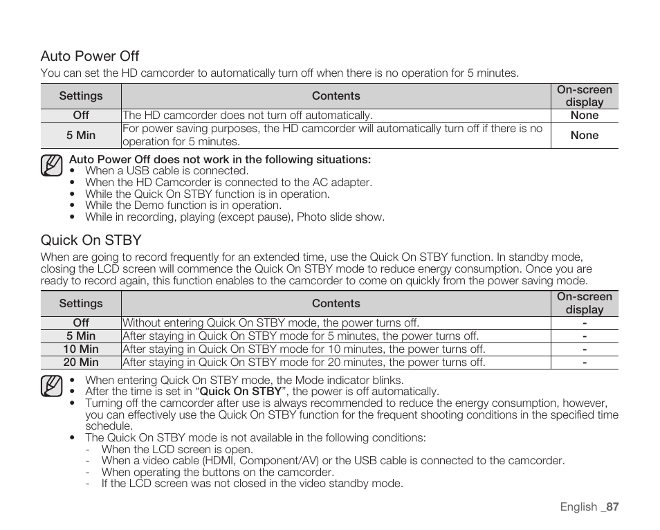 Auto power off, Quick on stby | Samsung HMX-H104BN User Manual | Page 101 / 147