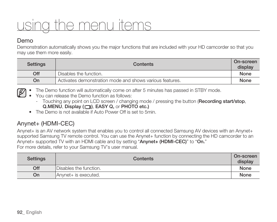 Using the menu items | Samsung HMX-H104BN User Manual | Page 106 / 147