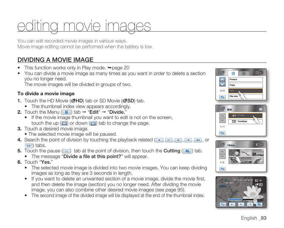 Editing movie images, Dividing a movie image | Samsung HMX-H104BN User Manual | Page 107 / 147