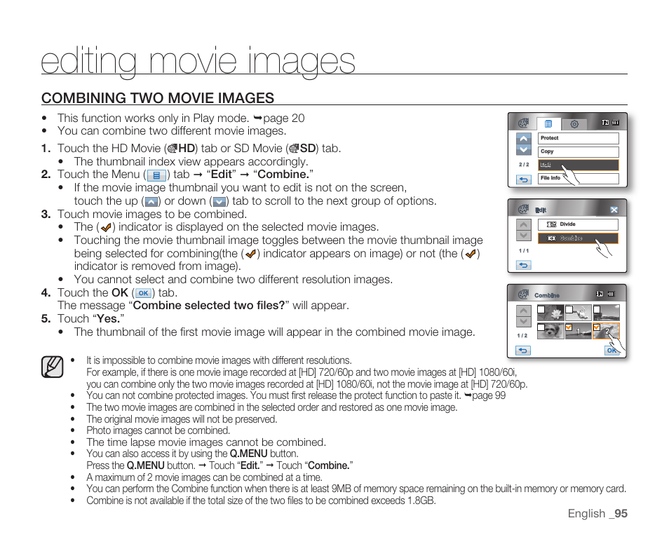 Combining two movie images, Editing movie images | Samsung HMX-H104BN User Manual | Page 109 / 147