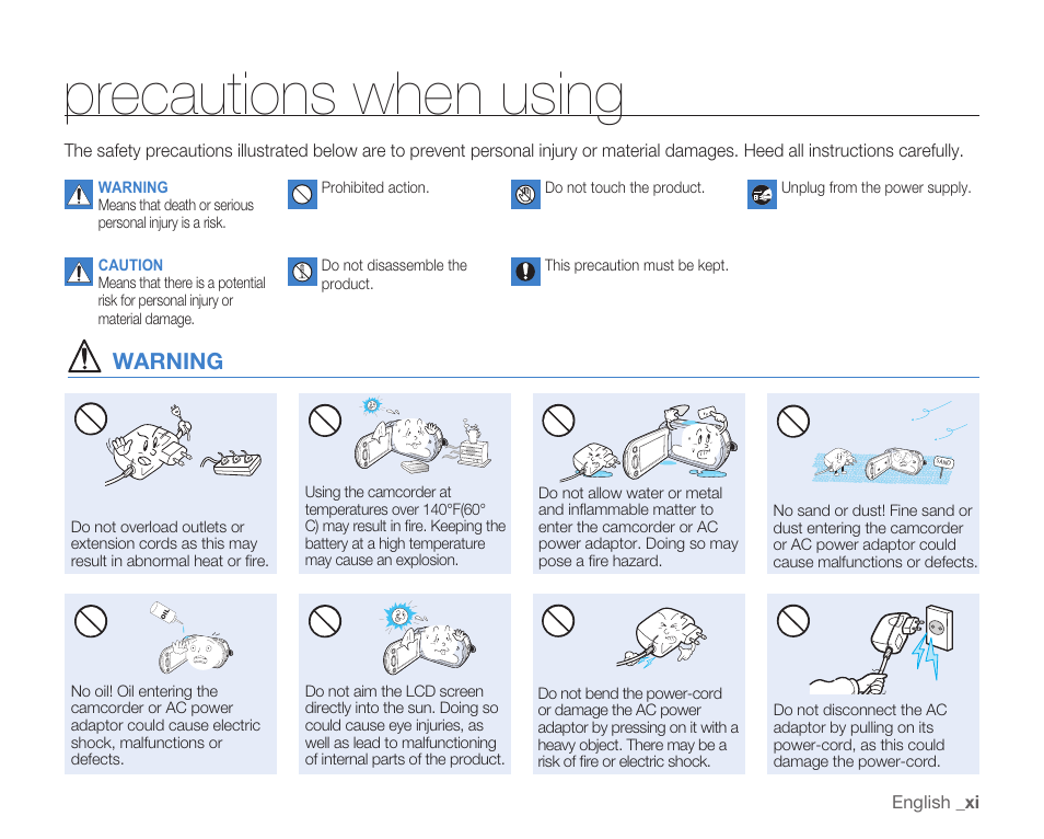 Precautions when using, Warning | Samsung HMX-H104BN User Manual | Page 11 / 147