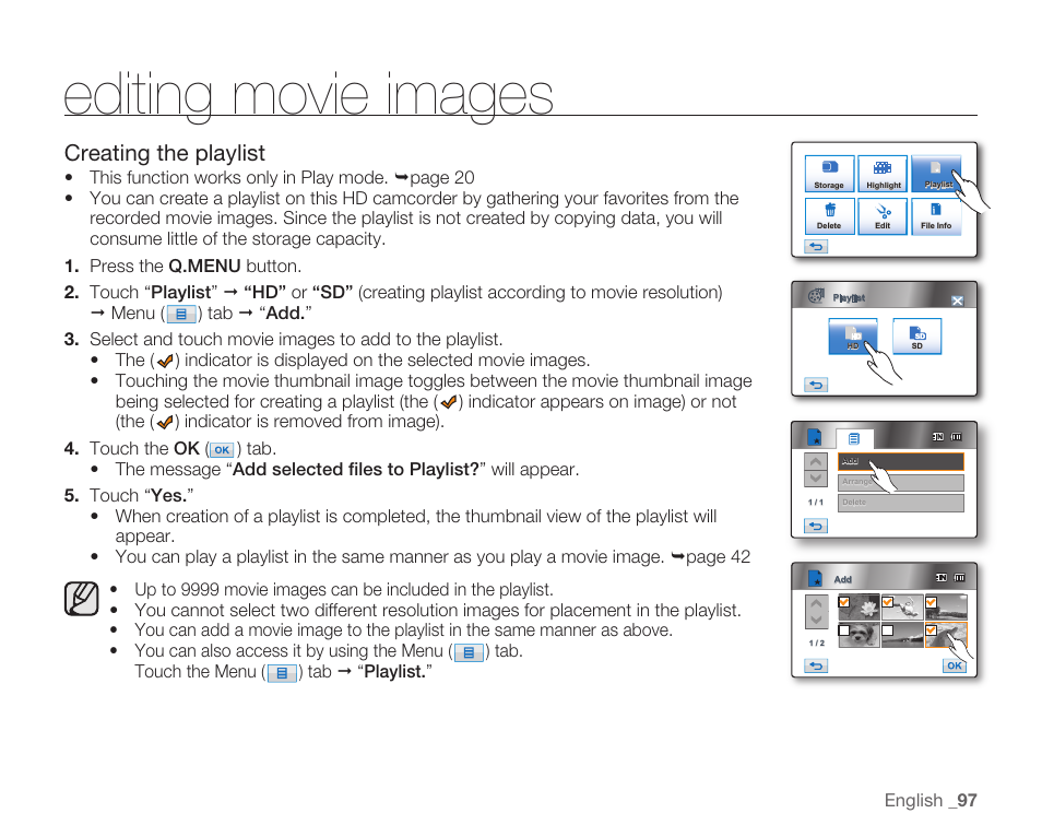 Editing movie images, Creating the playlist | Samsung HMX-H104BN User Manual | Page 111 / 147