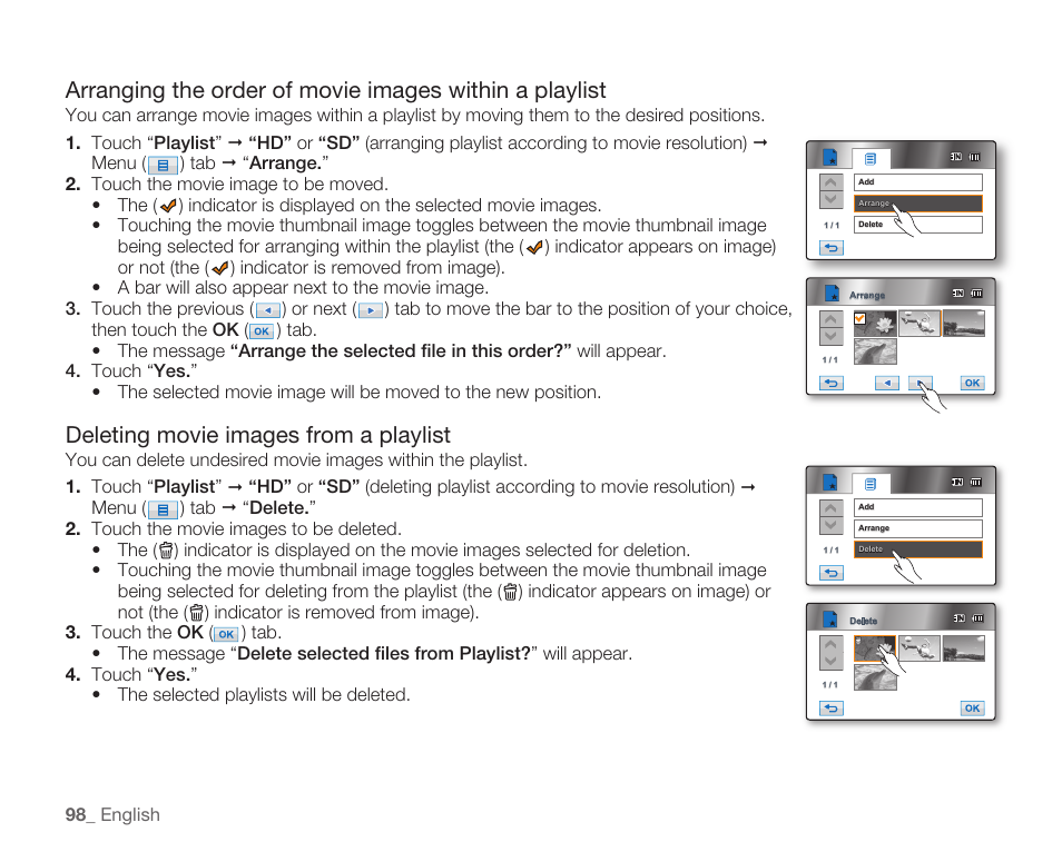 Deleting movie images from a playlist | Samsung HMX-H104BN User Manual | Page 112 / 147