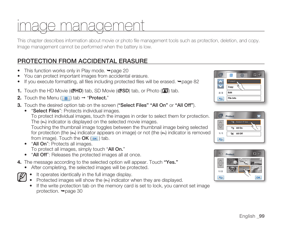 Image management, Protection from accidental erasure | Samsung HMX-H104BN User Manual | Page 113 / 147