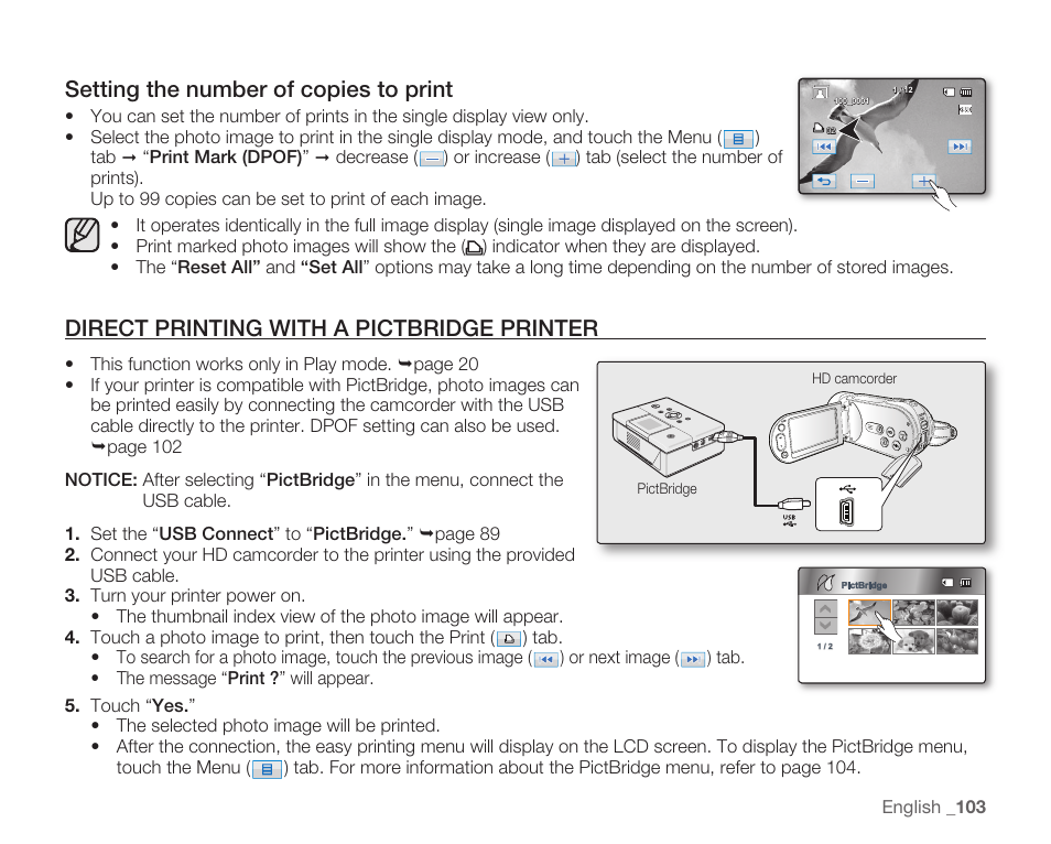 Direct printing with a pictbridge printer, Setting the number of copies to print | Samsung HMX-H104BN User Manual | Page 117 / 147