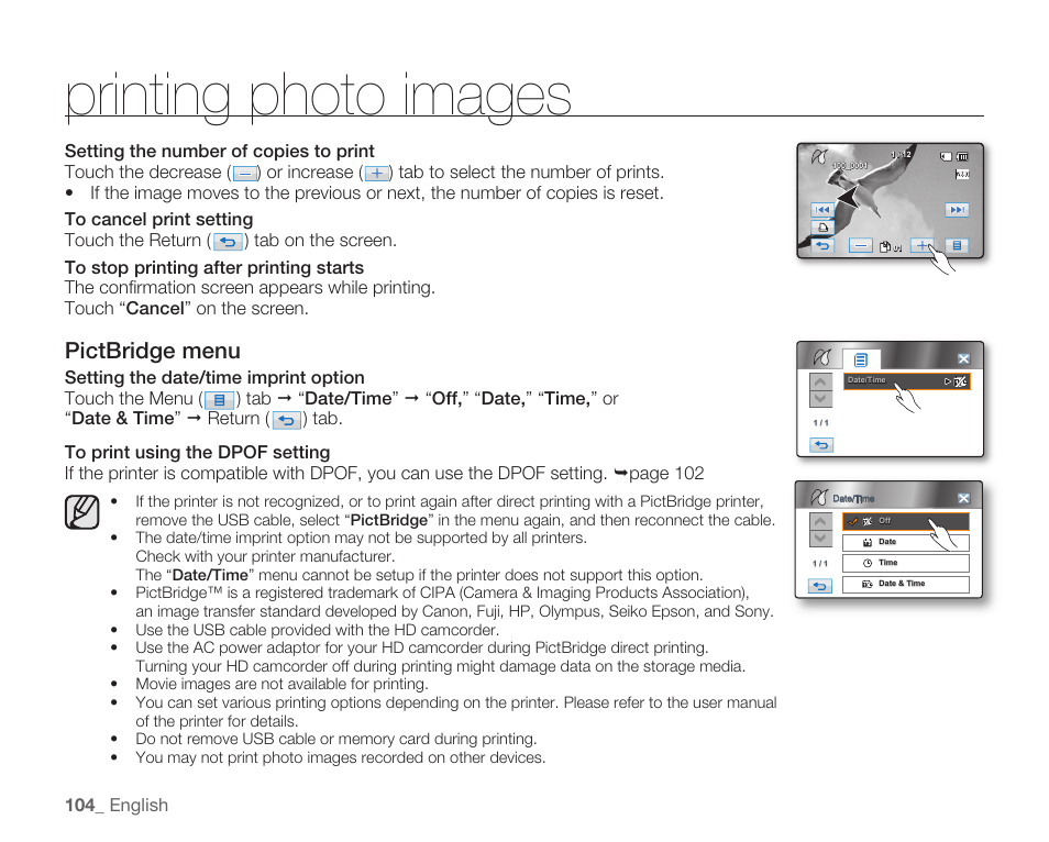 Printing photo images, Pictbridge menu | Samsung HMX-H104BN User Manual | Page 118 / 147