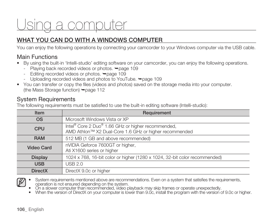 What you can do with a windows computer, Using a computer | Samsung HMX-H104BN User Manual | Page 120 / 147