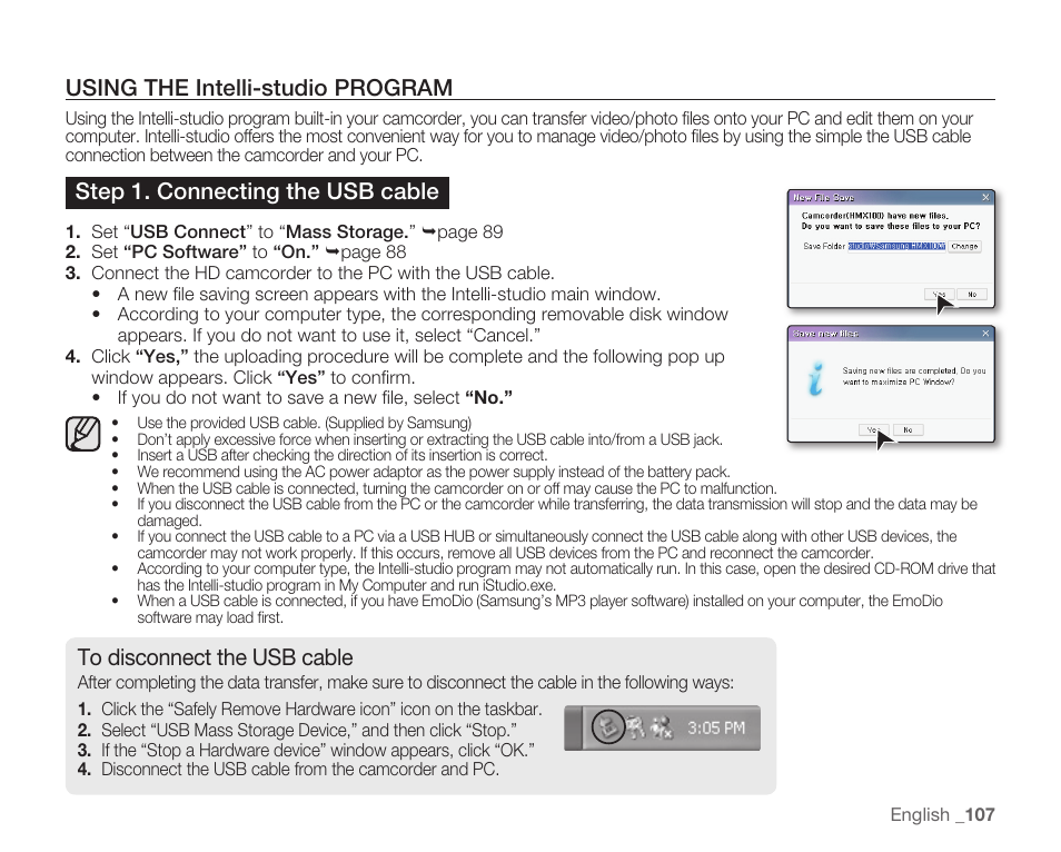Using the intelli-studio program, Step 1. connecting the usb cable | Samsung HMX-H104BN User Manual | Page 121 / 147