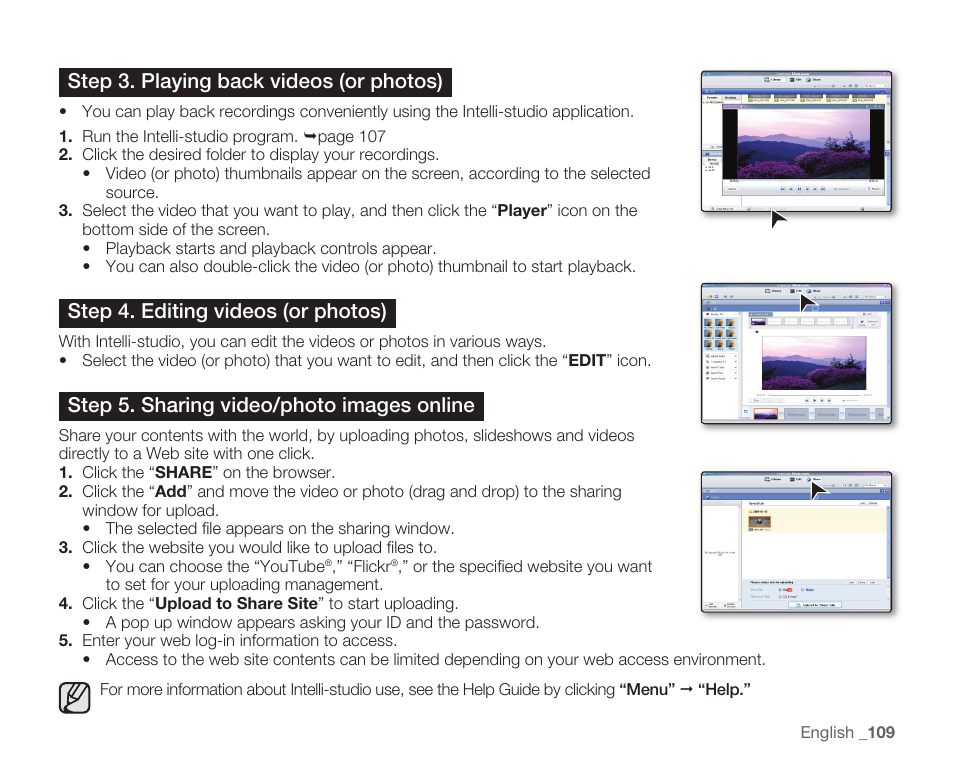 Step 3. playing back videos (or photos), Step 4. editing videos (or photos), Step 5. sharing video/photo images online | Samsung HMX-H104BN User Manual | Page 123 / 147