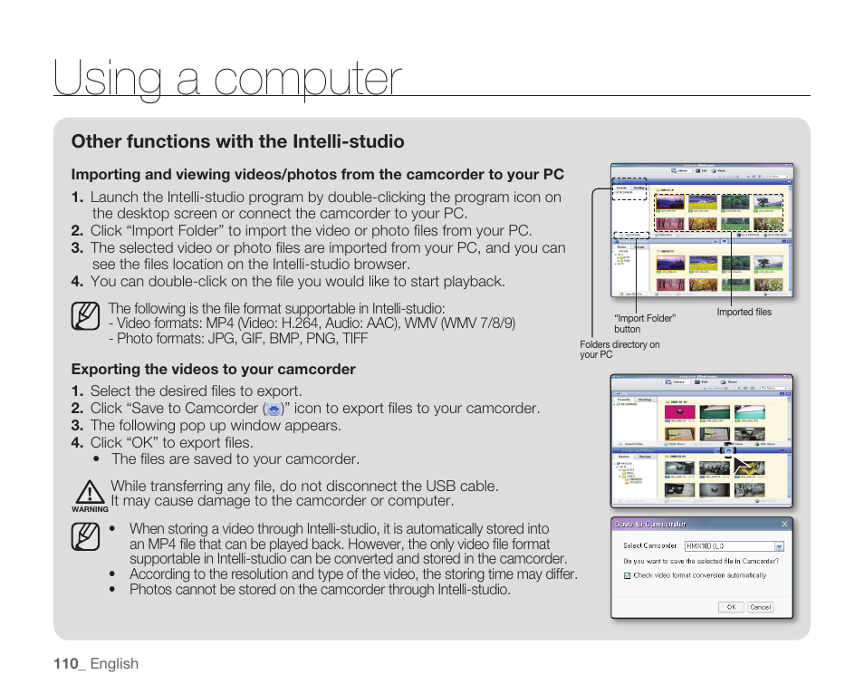 Using a computer, Other functions with the intelli-studio | Samsung HMX-H104BN User Manual | Page 124 / 147