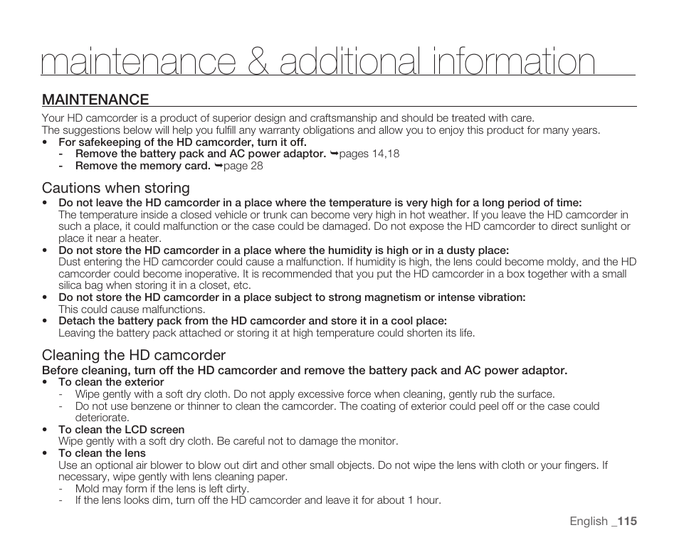 Maintenance & additional information, Maintenance | Samsung HMX-H104BN User Manual | Page 129 / 147