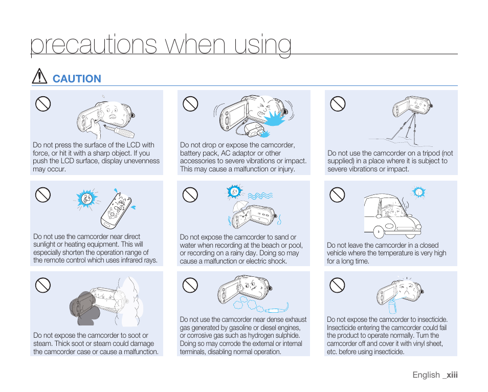 Precautions when using, Caution, English _ xiii | Samsung HMX-H104BN User Manual | Page 13 / 147