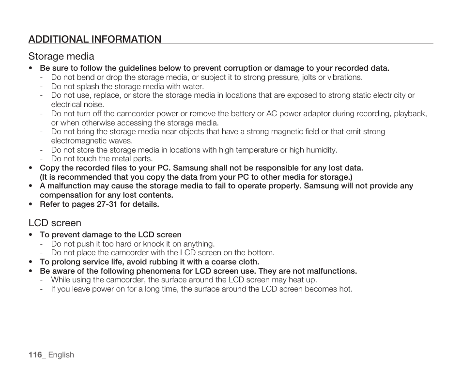 Additional information, Additional information storage media, Lcd screen | Samsung HMX-H104BN User Manual | Page 130 / 147