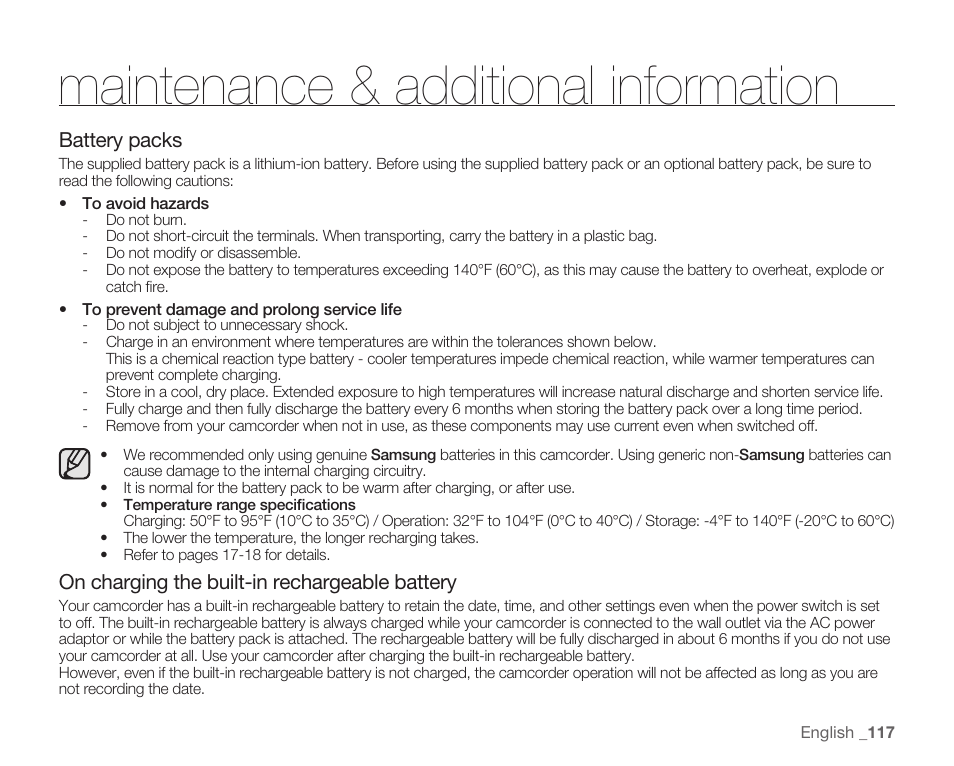 Maintenance & additional information, Battery packs, On charging the built-in rechargeable battery | Samsung HMX-H104BN User Manual | Page 131 / 147