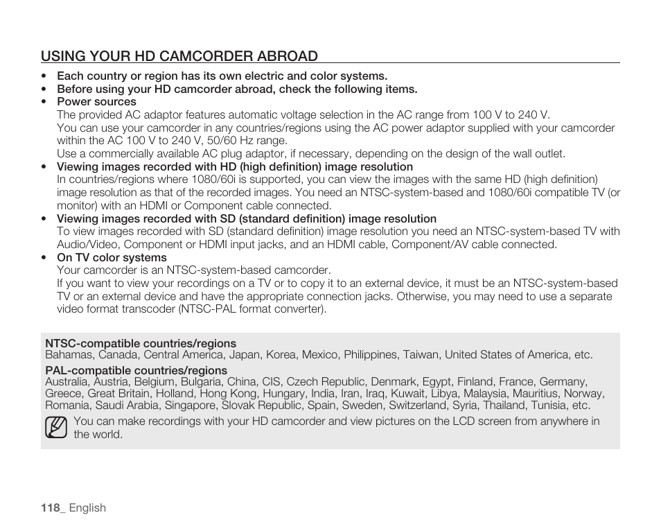 Using your hd camcorder abroad | Samsung HMX-H104BN User Manual | Page 132 / 147