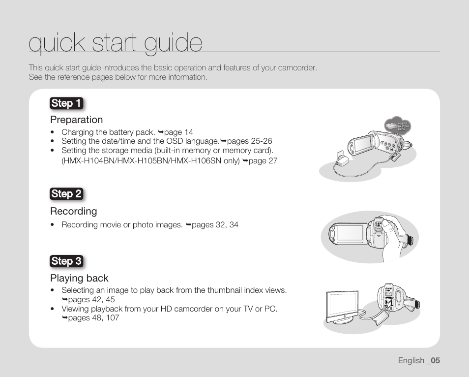 Quick start guide, Preparation, Recording | Playing back, Step 2 step 3 step 1 | Samsung HMX-H104BN User Manual | Page 19 / 147