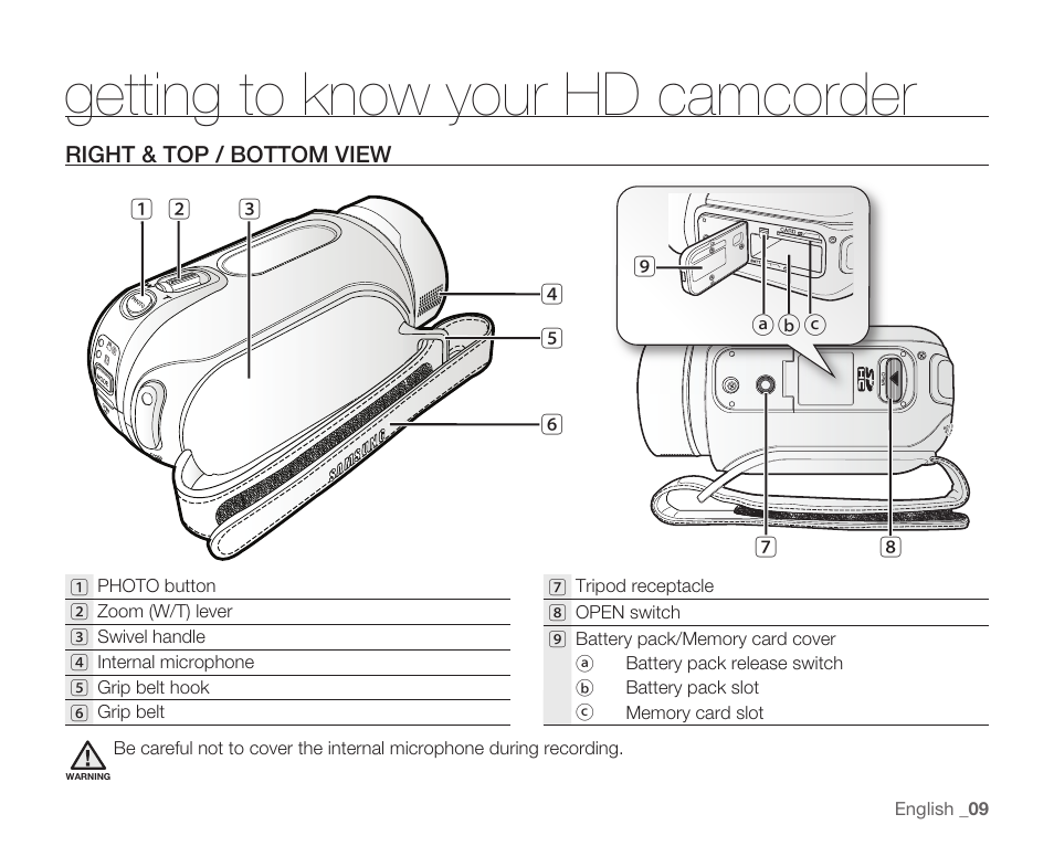 Right & top / bottom view, Getting to know your hd camcorder | Samsung HMX-H104BN User Manual | Page 23 / 147