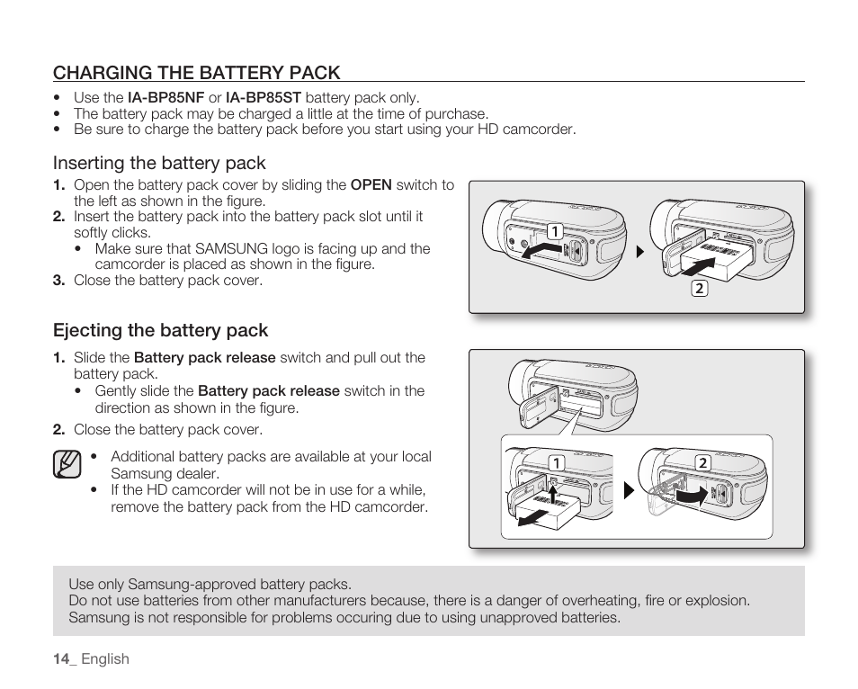 Charging the battery pack, Inserting the battery pack, Ejecting the battery pack | Samsung HMX-H104BN User Manual | Page 28 / 147