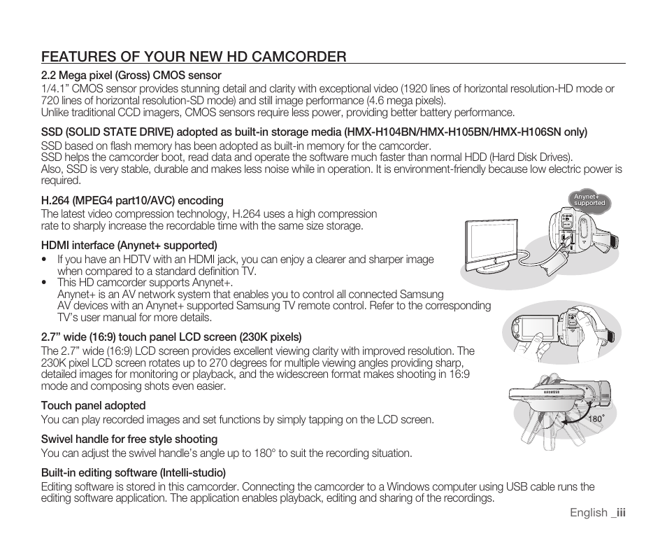 Features of your new hd camcorder | Samsung HMX-H104BN User Manual | Page 3 / 147