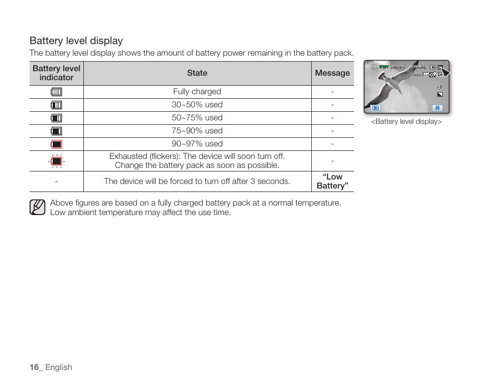 Battery level display | Samsung HMX-H104BN User Manual | Page 30 / 147