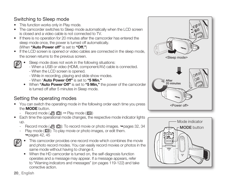 Switching to sleep mode, Setting the operating modes | Samsung HMX-H104BN User Manual | Page 34 / 147