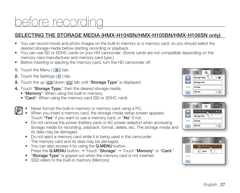 Before recording | Samsung HMX-H104BN User Manual | Page 41 / 147