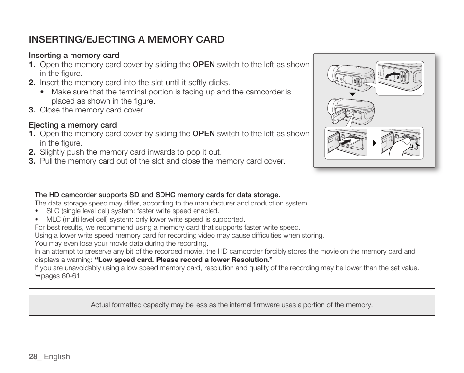 Inserting/ejecting a memory card | Samsung HMX-H104BN User Manual | Page 42 / 147