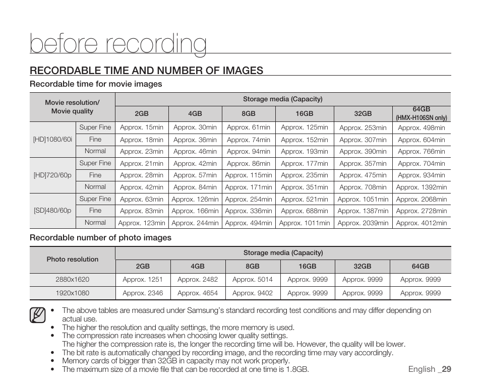 Recordable time and number of images, Before recording | Samsung HMX-H104BN User Manual | Page 43 / 147