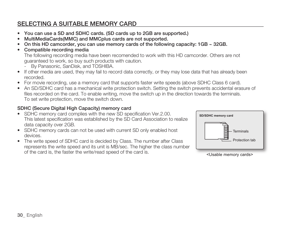 Selecting a suitable memory card | Samsung HMX-H104BN User Manual | Page 44 / 147