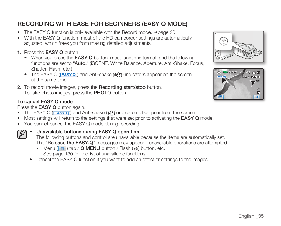 Recording with ease for beginners (easy q mode) | Samsung HMX-H104BN User Manual | Page 49 / 147