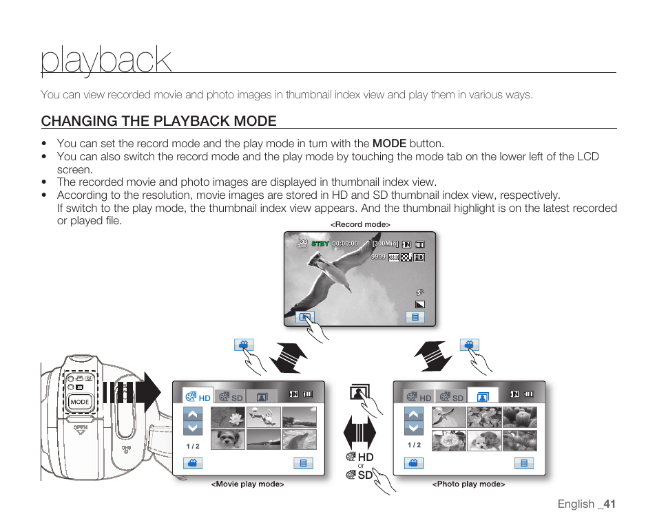 Playback, Changing the playback mode | Samsung HMX-H104BN User Manual | Page 55 / 147