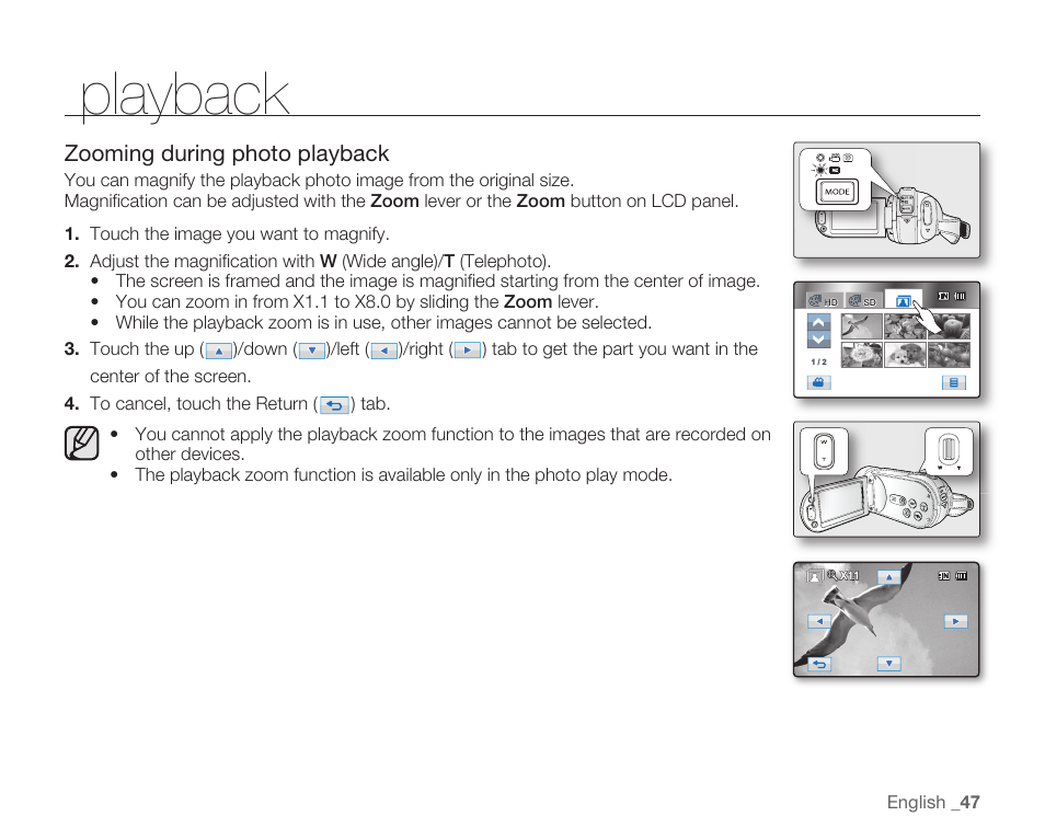 Playback, Zooming during photo playback | Samsung HMX-H104BN User Manual | Page 61 / 147