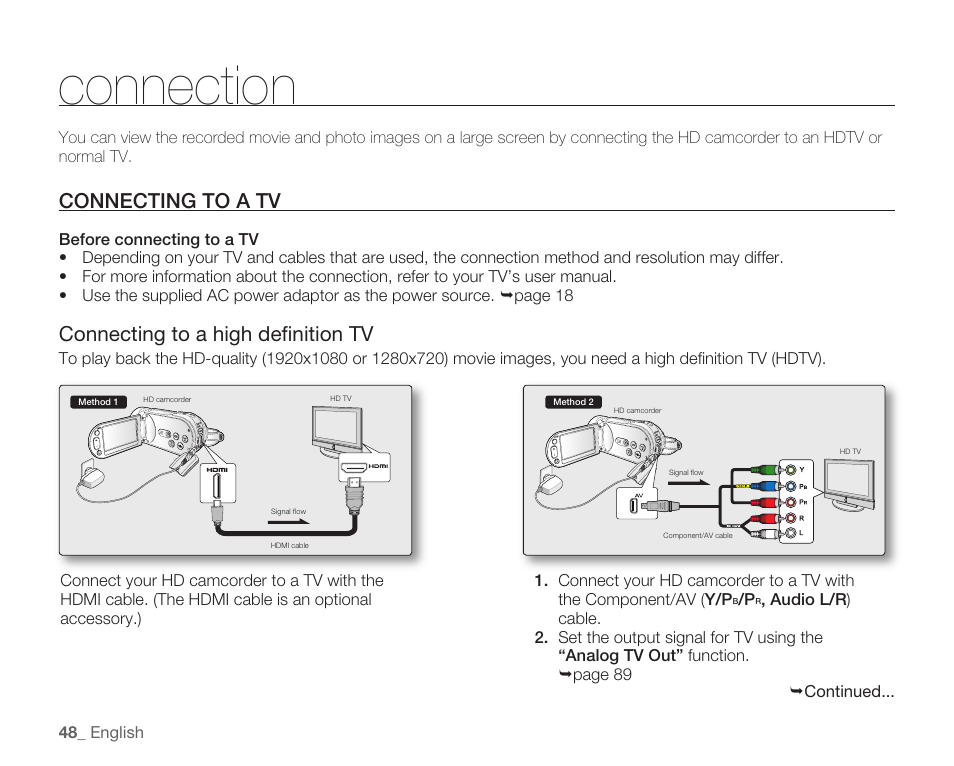 Connection, Connecting to a tv, Connecting to a high deﬁ nition tv | Samsung HMX-H104BN User Manual | Page 62 / 147