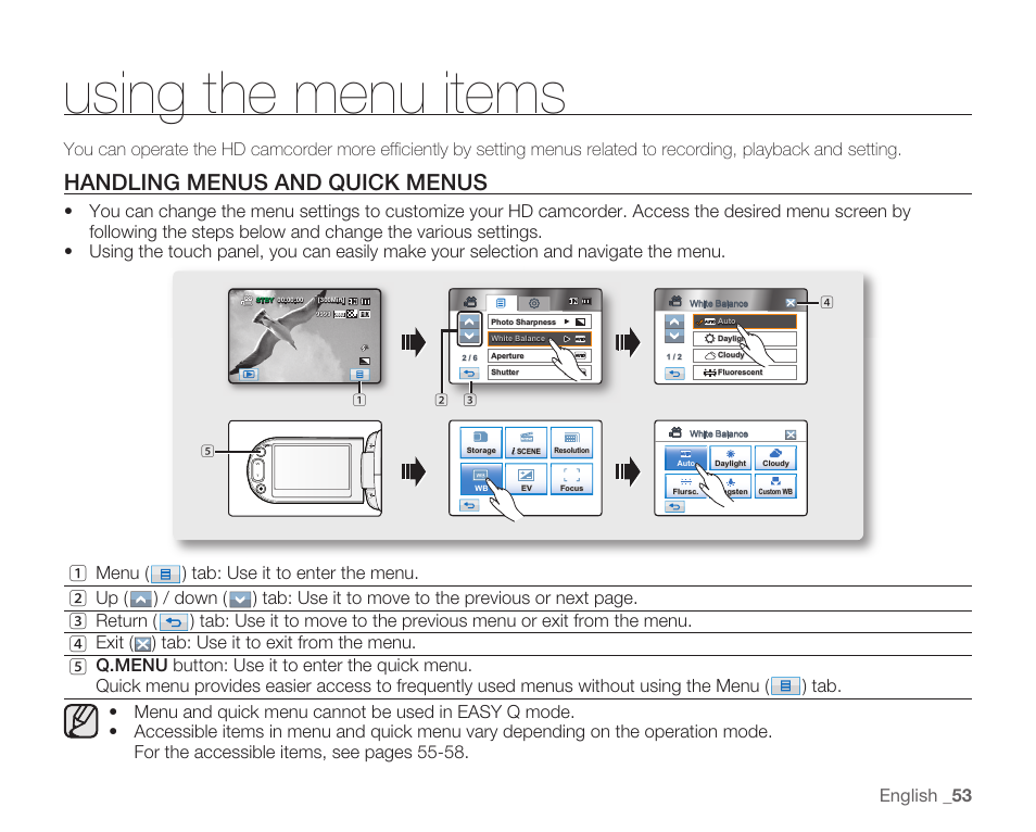 Using the menu items, Handling menus and quick menus, English _ 53 | Samsung HMX-H104BN User Manual | Page 67 / 147