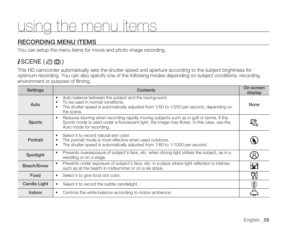 Recording menu items, Using the menu items, Scene ( ) | Samsung HMX-H104BN User Manual | Page 73 / 147