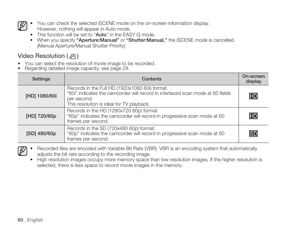 Video resolution ( ) | Samsung HMX-H104BN User Manual | Page 74 / 147