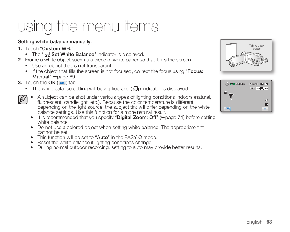 Using the menu items | Samsung HMX-H104BN User Manual | Page 77 / 147