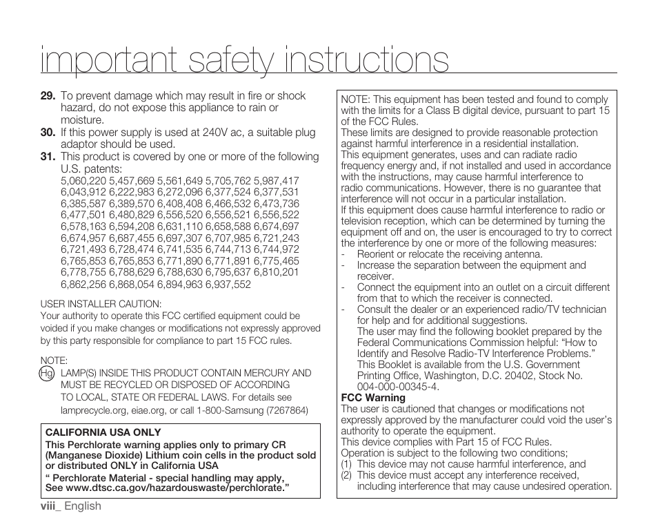 Important safety instructions | Samsung HMX-H104BN User Manual | Page 8 / 147