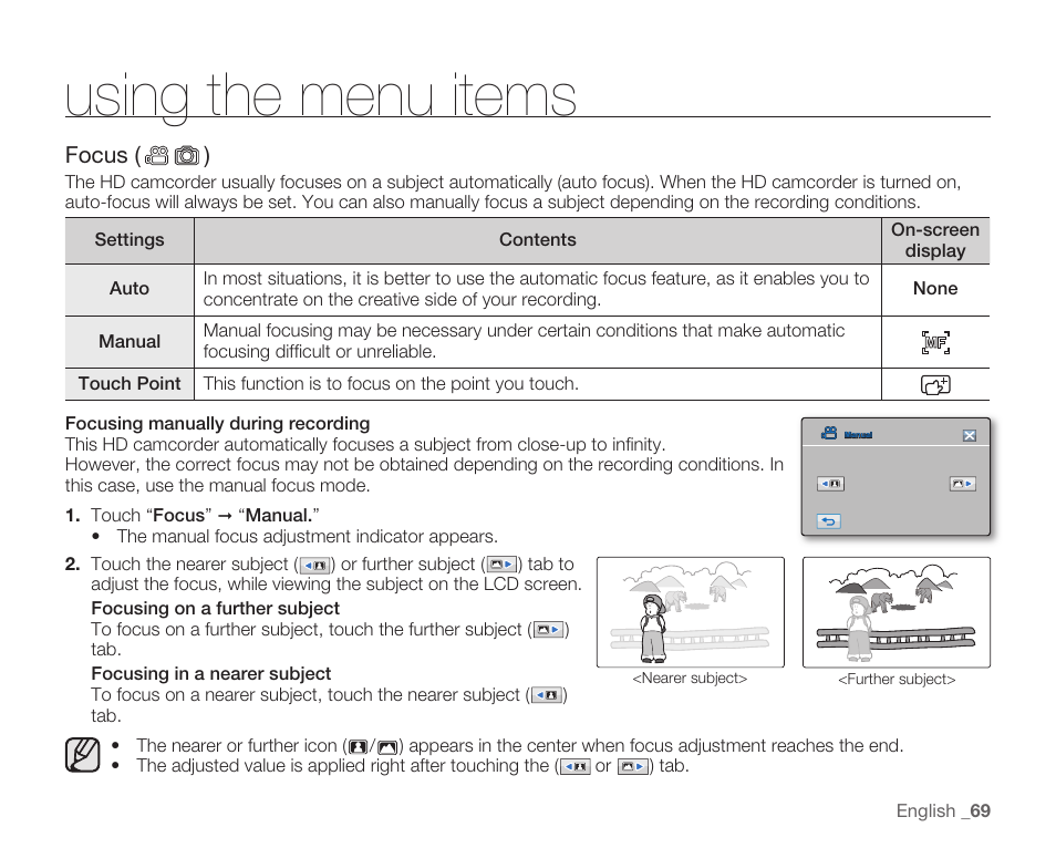 Using the menu items | Samsung HMX-H104BN User Manual | Page 83 / 147