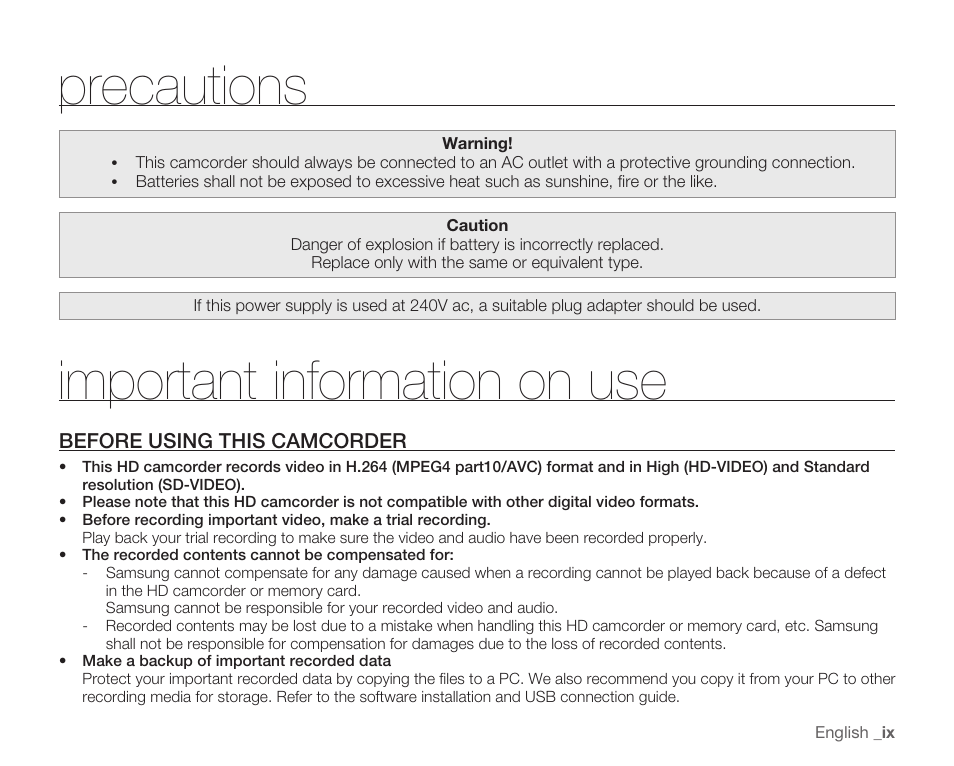 Precautions, Important information on use | Samsung HMX-H104BN User Manual | Page 9 / 147