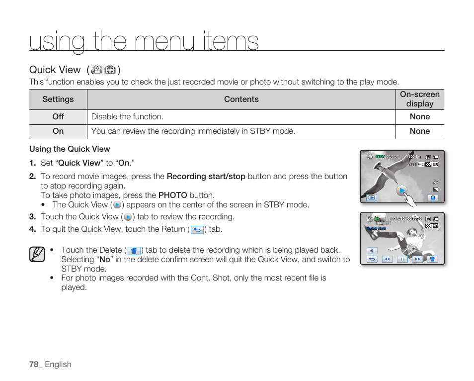 Using the menu items, Quick view ( ) | Samsung HMX-H104BN User Manual | Page 92 / 147